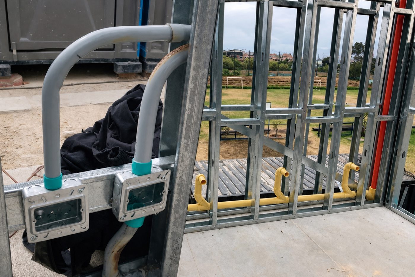 Wet and dry utility networks installed inside a steel framing building structure