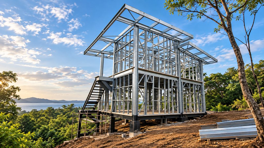 Estructura de vivienda de dos pisos en steel framing sobre un lote en ladera