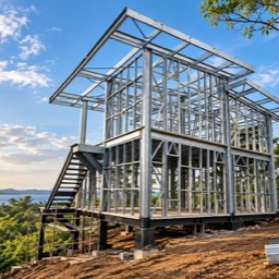 Estructura de vivienda de dos pisos en steel framing sobre un lote en ladera